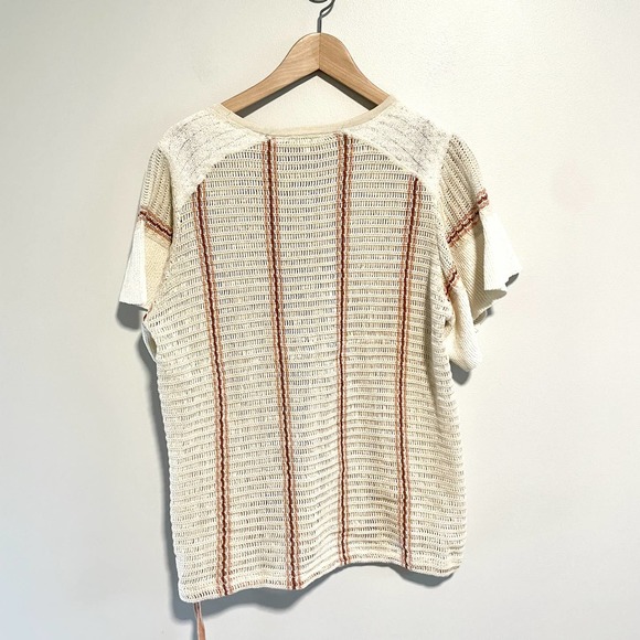 Crochet Striped Linen Open Knit Boho Top Sweater Shirt - Picture 6 of 11